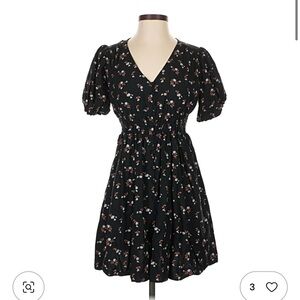 Madewell Black Floral Mini Dress with Buttons and Ruched Waistband